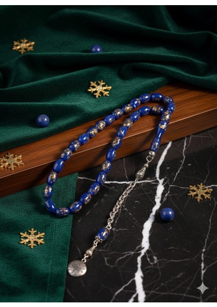 Kapsül Kesim Altın Varaklı Lacivert Tesbih