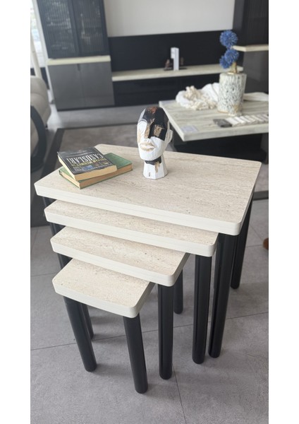 4lü Traverten Zigon Sehpa Bohem Siyah Ayak