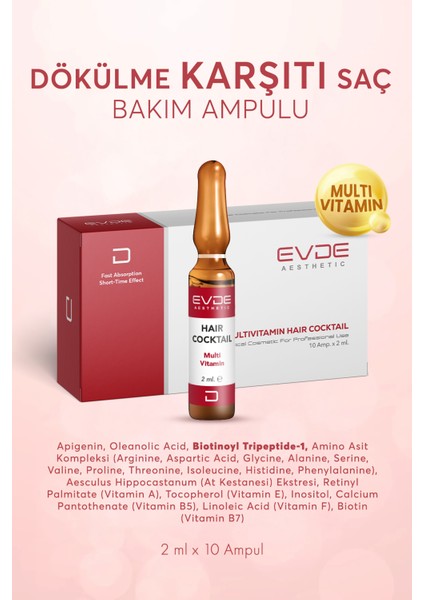 Multi Vitamin Hair Cocktail | Dökülme Karşıtı Saç/kaş Bakım Serumu 2ml x 10 Ampul (Vitamin Kompleksi + Peptid Içerikli) fiyatları