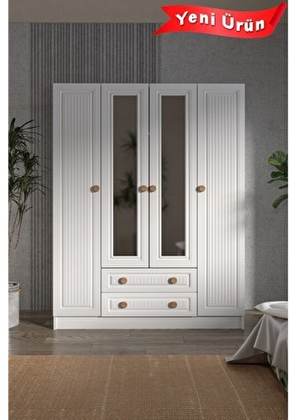 Bohem 4 Kapak 2 Çekmece Aynalı Gardırop Mdf Kapak