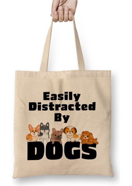Easily Distracted By Dogs Puppy Lover Köpek Beyaz Bez Çanta Uzun Saplı Alışveriş Çantası