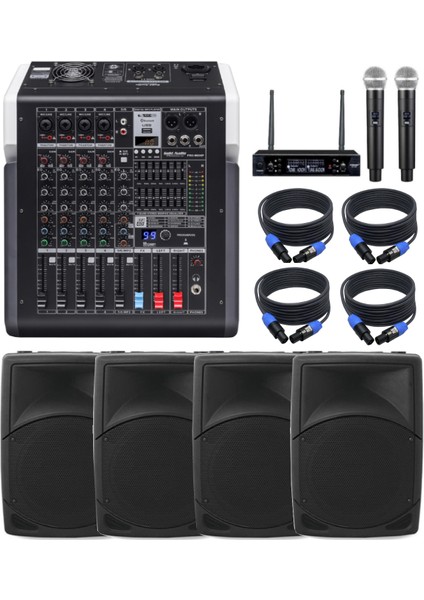 Sahne Ses Sistemi Seti | 4x 12'' Kabin Hoparlör Amfili Mikser Telsiz Mikrofon Sehpa Kablo Paket