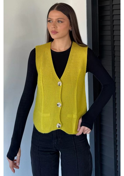 Kadın V Yaka Ön Düğmeli Triko Yelek P-00019004 fiyatları