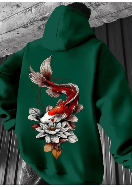 Büyük Beden Özel Tasarım Kapüşonlu Koi Balığı Sırt Baskılı %100 Pamuk Oversize Erkek Sweatshırt