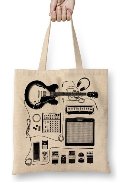 Gitar Amfi Gitarist Pedal Kedi Beyaz Bez Çanta Uzun Saplı Alışveriş Çantası Plaj Çantası