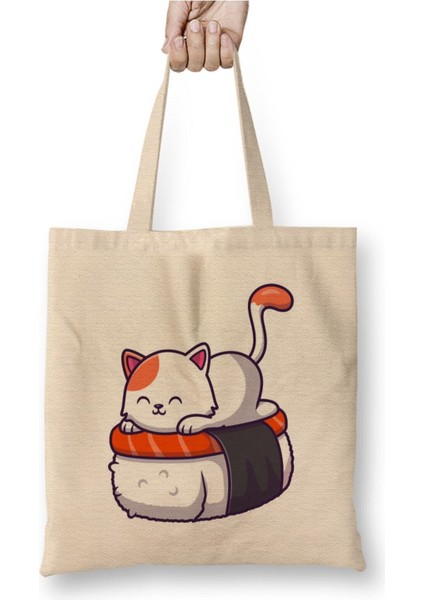 Cute Cat Sushi Salmon V5 Beyaz Bez Çanta Uzun Saplı Alışveriş Çantası Plaj Çantası