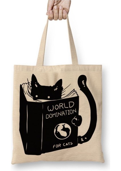Kitap Okuyan Kedi Cats Beyaz Bez Çanta Uzun Saplı Alışveriş Çantası Plaj Çantası