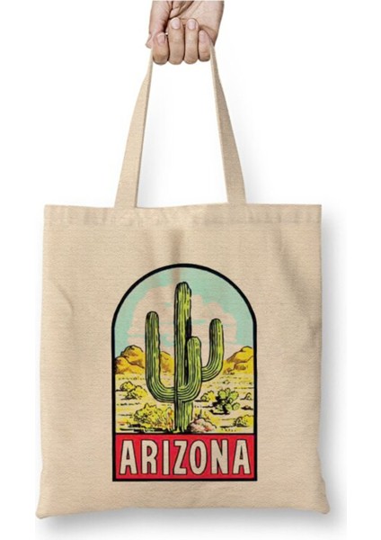Arizona Amerika Vintage Beyaz Bez Çanta Uzun Saplı Alışveriş Çantası Plaj Çantası