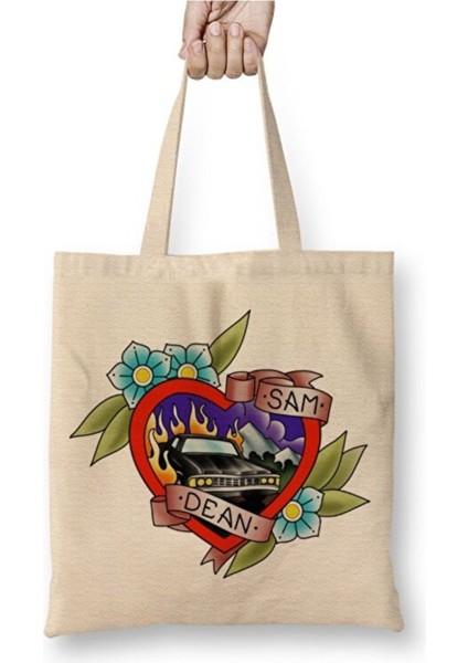 Supernatural Sam Dean Beyaz Bez Çanta Uzun Saplı Alışveriş Çantası Plaj Çantası