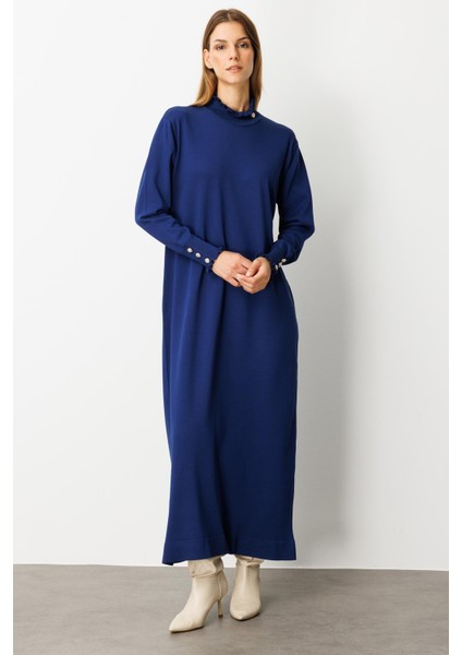 Farbela Detaylı Uzun Triko Elbise-Sax