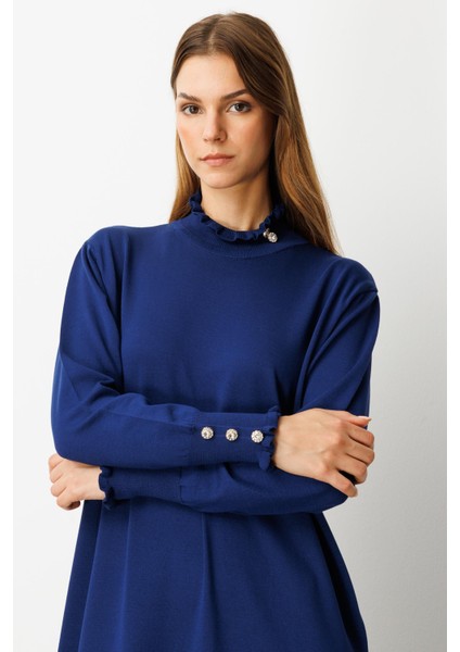 Farbela Detaylı Uzun Triko Elbise-Sax fiyatları