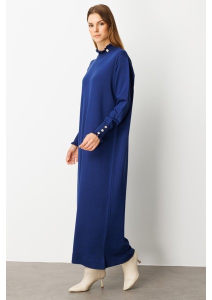 Farbela Detaylı Uzun Triko Elbise-Sax modelleri