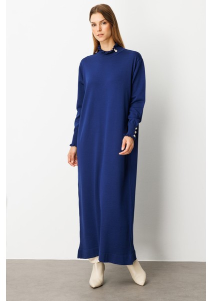 Farbela Detaylı Uzun Triko Elbise-Sax fırsatları