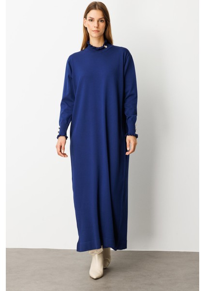 Farbela Detaylı Uzun Triko Elbise-Sax indirimleri