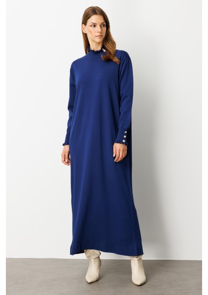 Farbela Detaylı Uzun Triko Elbise-Sax