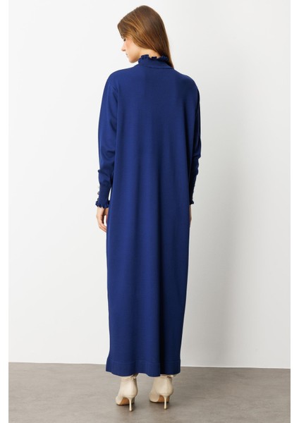 Farbela Detaylı Uzun Triko Elbise-Sax