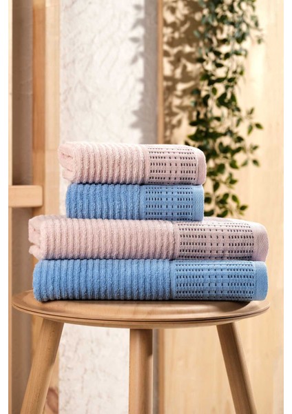 4 Parça Büyük Boy Banyo Havlu Takımı &AMP;#37;100 Pamuklu Marena Mavi Pudra