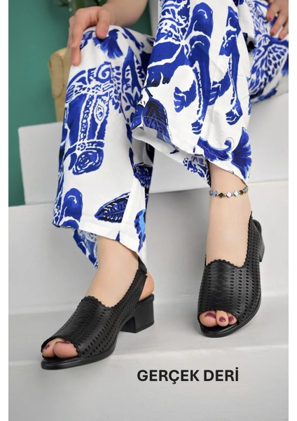 Önü Açık Hakiki Deri Ses Yapmaz Anne Model Kısa Topuklu Sandalet