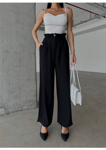 Siyah Yüksek Bel Lastikli Konfort Pantolon - 10566