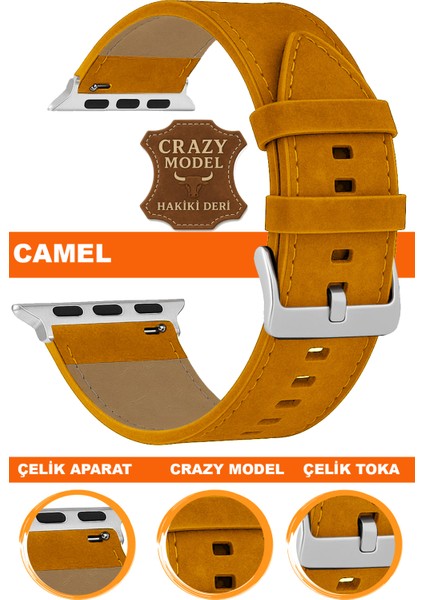 apple watch 1/2/3/4/5/6/se/7/8/9 (38-40-41mm) seri 10 /11 (42mm) uyumlu crazy deri saat kordonu kayışı l10hwc-camel-sılver