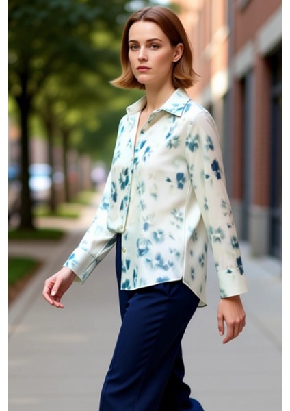 Kadın Dökümlü Saten Gömlek Çiçek Desenli Uzun Kollu Rahat Kesim Günlük Şıklık Zarafetiyle Buluşuyor