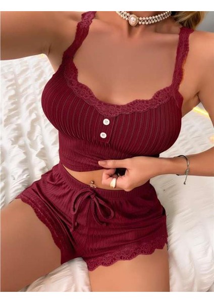 Amorasecret Amorasecret Bordo Dantel Işlemeli Fitilli Askılı Şortlu Pijama Takımı