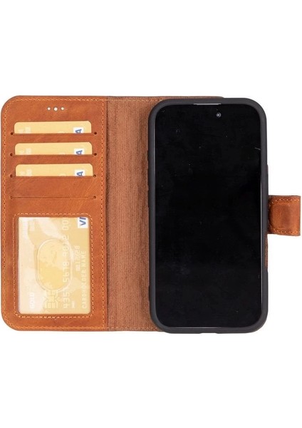 Apple iPhone 16 Plus Uyumlu, Hakiki Deri, El Yapımı, Cüzdanlı Kılıf, Karamel fiyatları