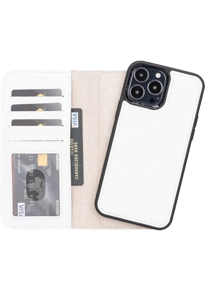 Apple iPhone 13 Pro Max Uyumlu Deri Cüzdanlı Kılıf F3 Beyaz