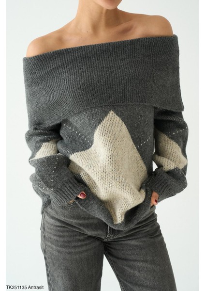 Antrasit Baklava Desenli Omuz Açık Triko Kazak