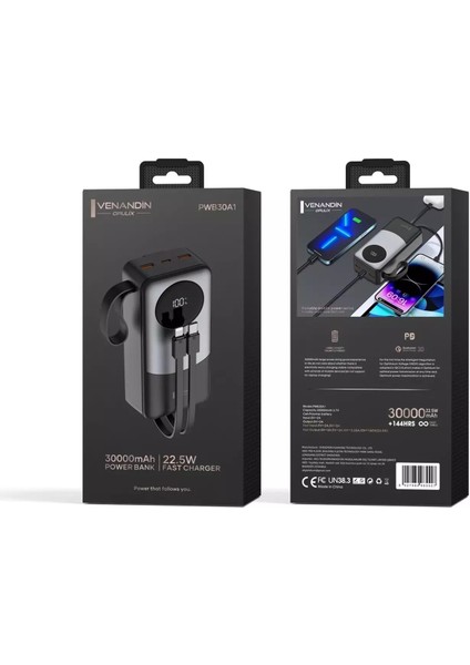 🔋 Venandin Opulix PWB30A1 30.000 Mah LED Göstergeli 22.5W Hızlı Kendinden Kablolu Powerbank | Taşınabilir ve Yüksek Kapasiteli Şarj Cihazı