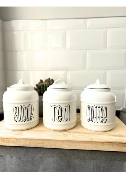 3lü Seramik Sugar Tea Coffee Kavanoz Seti Kapaklı Tezgah Üstü Saklama Kavanozu 1400 ml