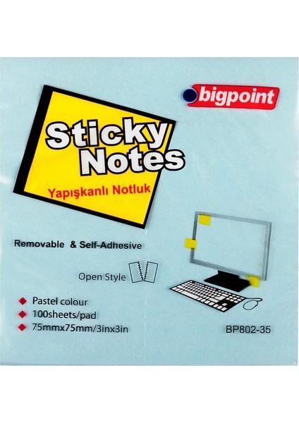 Bigpoint Yapışkanlı Not Kağıdı 75X75 Mavi BP802-35