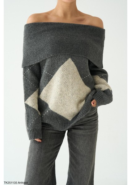 Antrasit Baklava Desenli Omuz Açık Triko Kazak modelleri