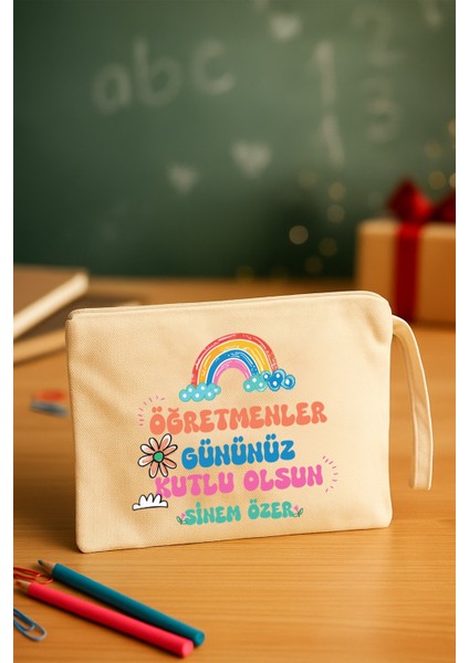 Öğretmenler Günü Hediyesi Clutch Çanta Gökkuşağı Tasarım Isme Özel Baskı Çanta