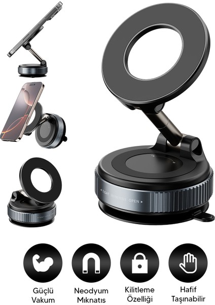 Elektrikli Vakumlu Araç Içi Telefon Tutucu - Güçlü Manyetik Magsafe Uyumlu Siyah Plastik Cn