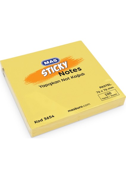 Mas Yapışkanlı Not Kağıdı 100 Sy 76X76 Pastel Sarı 3654