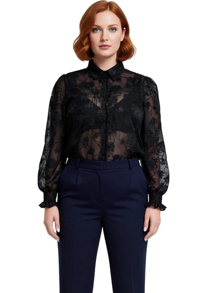 Büyük Beden Kadın Çiçek Desenli Transparan Dokuma Uzun Kollu Gömlek Gipeli Manşet Detayı Şık