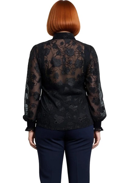 Büyük Beden Kadın Çiçek Desenli Transparan Dokuma Uzun Kollu Gömlek Gipeli Manşet Detayı Şık fiyatları