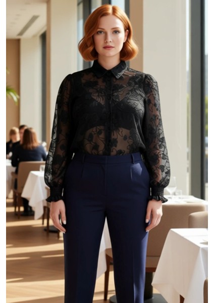 Büyük Beden Kadın Çiçek Desenli Transparan Dokuma Uzun Kollu Gömlek Gipeli Manşet Detayı Şık modelleri