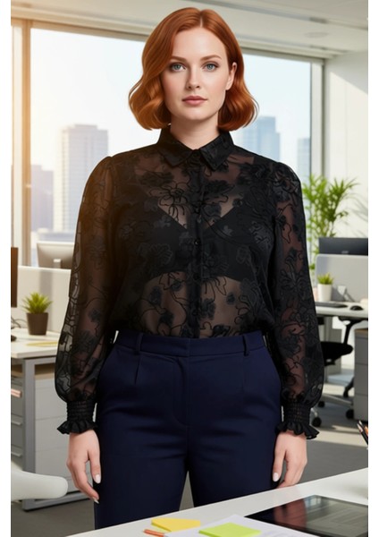 Büyük Beden Kadın Çiçek Desenli Transparan Dokuma Uzun Kollu Gömlek Gipeli Manşet Detayı Şık fırsatları