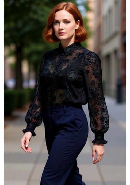 Büyük Beden Kadın Çiçek Desenli Transparan Dokuma Uzun Kollu Gömlek Gipeli Manşet Detayı Şık indirimleri