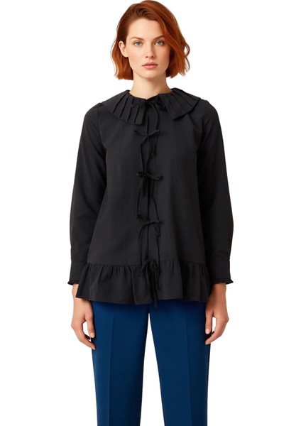 Kadın Fırfır Detaylı Bebe Yaka Bağcık Bağlamalı Uzun Kollu Gömlek Günlük ve Özel Anlar Şık