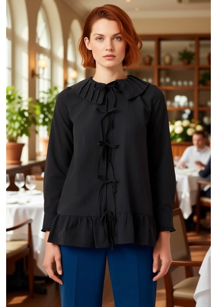 Kadın Fırfır Detaylı Bebe Yaka Bağcık Bağlamalı Uzun Kollu Gömlek Günlük ve Özel Anlar Şık modelleri