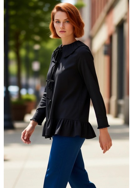 Kadın Fırfır Detaylı Bebe Yaka Bağcık Bağlamalı Uzun Kollu Gömlek Günlük ve Özel Anlar Şık indirimleri