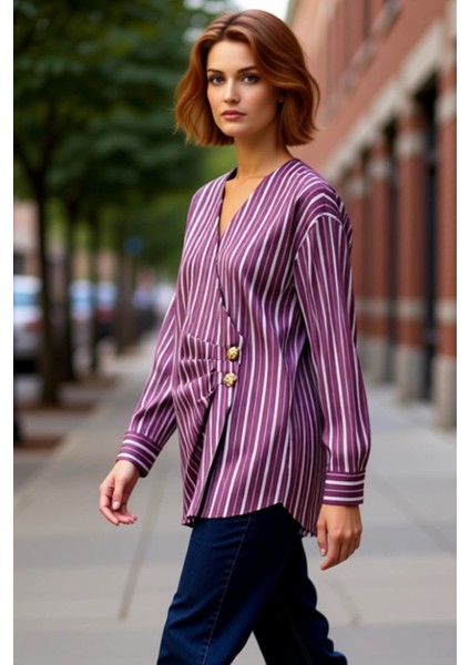 Kadın Lila Çizgili Kruvaze Detaylı Gömlek Fonksiyonel Dayanıklı Kaliteli Konforlu Estetik Şık indirimleri