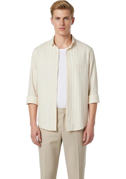 Erkek Rahat Kesim Çizgili Pamuk Viskon Keten Karışımı Nefes Alabilen Günlük Gömlek Estetik