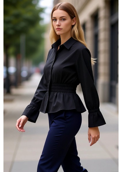 Kadın Beli Lastikli Gömlek Yaka Uzun Kollu Dokuma Bluz Zarafetinizi Yansıtın Fonksiyonel Şık indirimleri