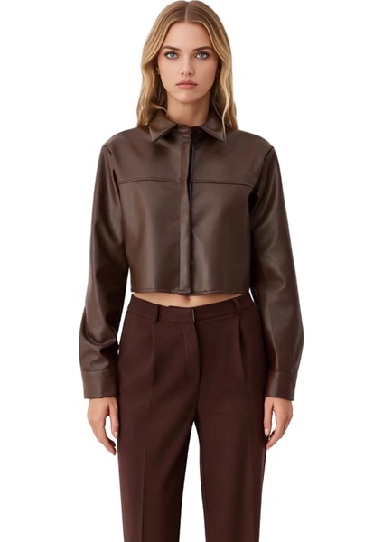 Kadın Düz Desen Suni Deri Crop Bluz Fonksiyonel Dayanıklı Kaliteli Konforlu Estetik Modern