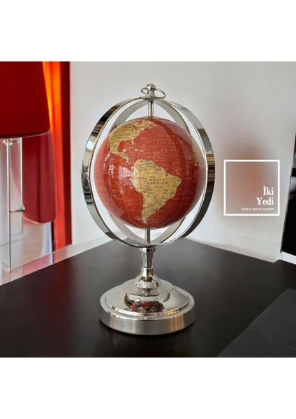 Xavier Krom Döküm Ayaklı Kırmızı Dünya Küresi, 35 cm Yerküre, Lüks Ofis Hediyesi Dekoratif Obje