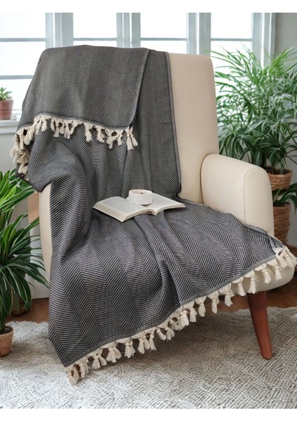 %100 Pamuk Koltuk Örtüsü - Çok Amaçlı Koltuk Şalı, Pike, Piknik ÖRTÜSÜ-170X220CM-ANTRASIT